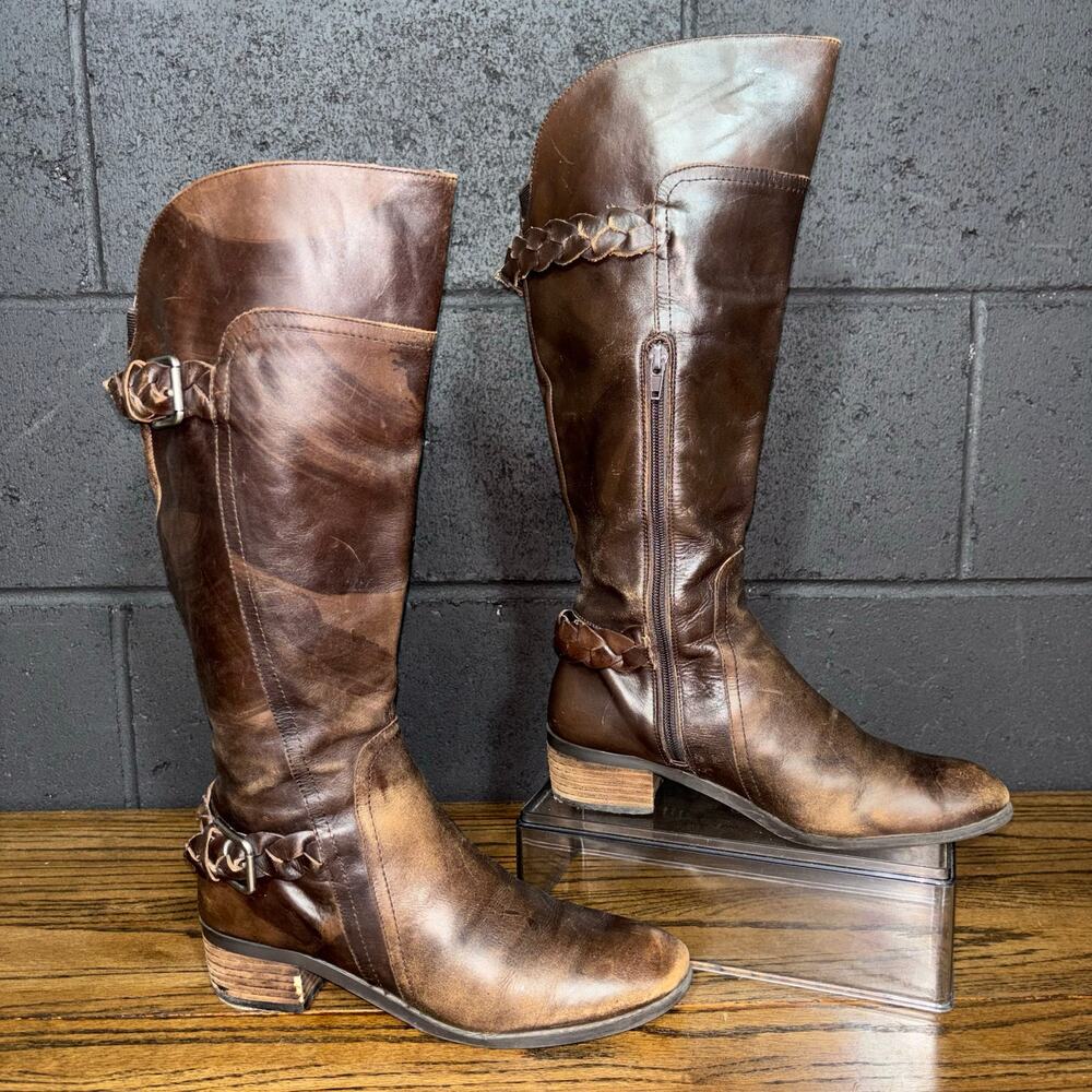 Audrey Brooke Brown Leather Tall Riding Boots Braided Strap 7.5M